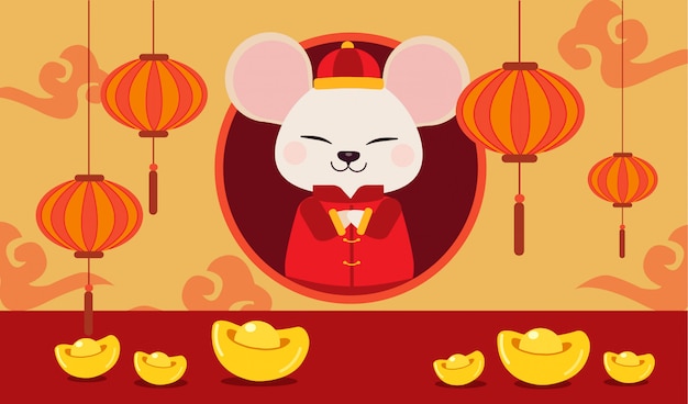 The character of cute mouse with chinese gold and chinese cloud.