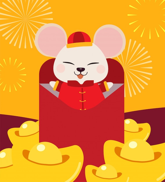 The character of cute mouse with chinese gold and fireworks. the cute mouse wear chinese suit and sitting in the big letter year of the rat. the character of cute mouse in flat vector style.