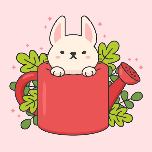 Character of cute rabbit in a watering and leaves