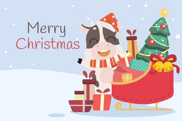 The character of cute snowman with a santa's sleigh and christmas tree and gift box