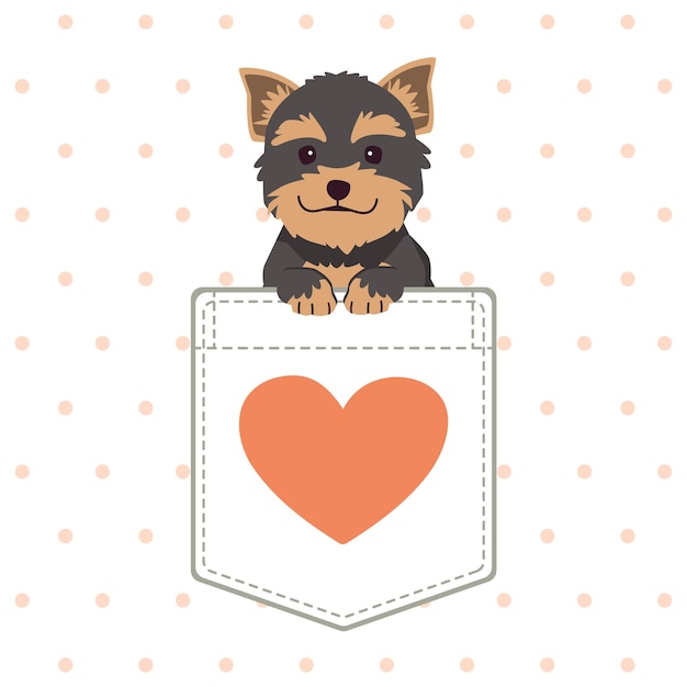 Il personaggio del simpatico cane yorkshire terrier nella tasca della maglietta in stile piatto vettoriale