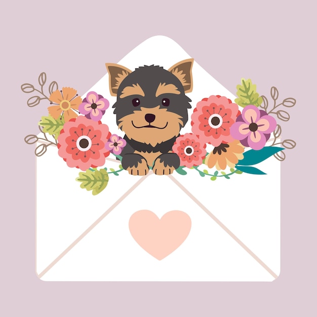 The character of cute yorkshire tettier dog sitting in the letter with heart sticker and flower