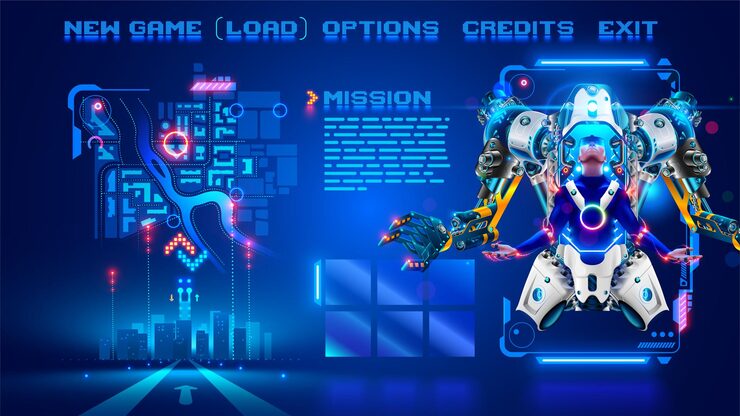 Vector character cyborg in an abstract computer video game in menu frame interface with buttons game menu interface computer video game about robotics battle screenshot of a video game pixels text menu