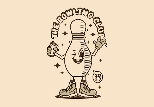Character design of a bowling pin holding a beer can
