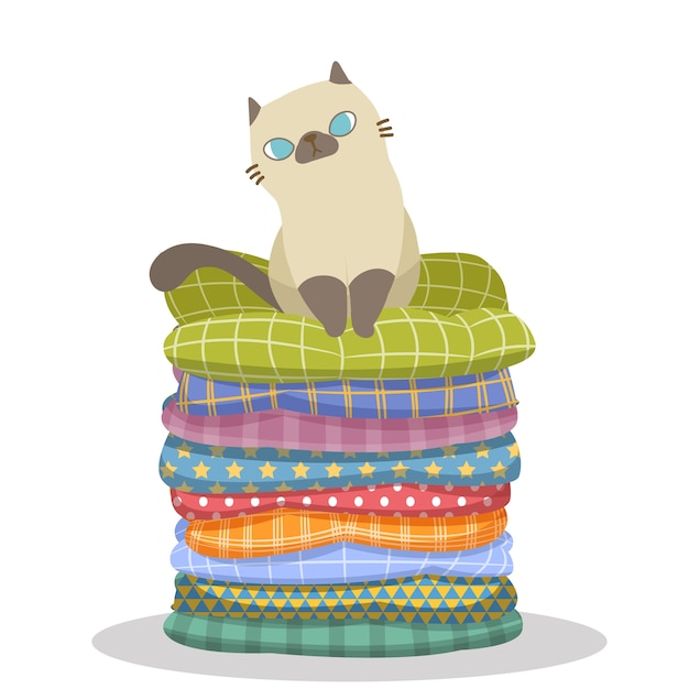 Character design cat sitting on top of a pile of pillows.