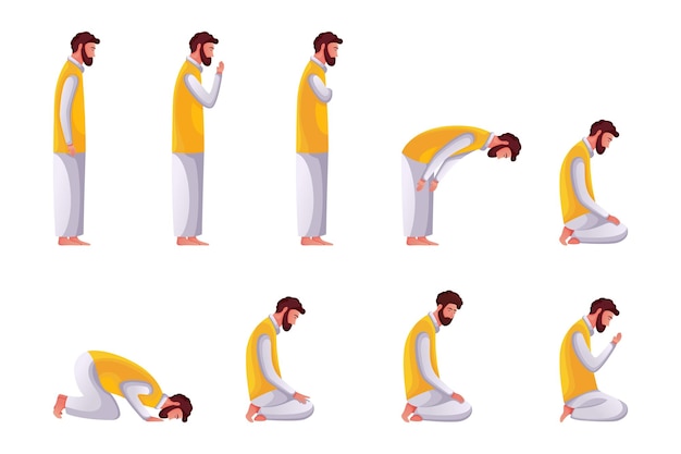 Vector character design collection of movements in muslim prayer