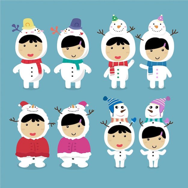 Vector character design cute kids dragen snowman costume set.