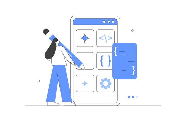 character developing new mobile app programming and coding code for mobile user interface vector
