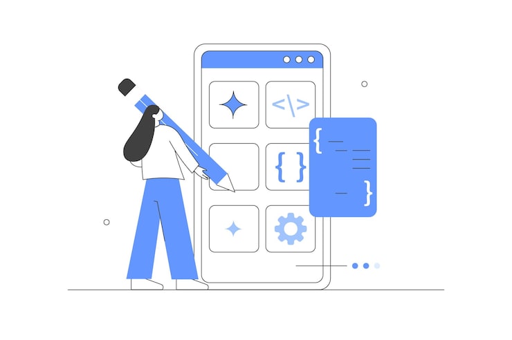 Vector 새로운 모바일 앱을 개발하는 캐릭터 모바일 사용자 인터페이스에 대한 프로그래밍 및 코딩 코드 터