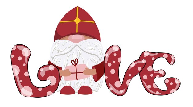 Character dwarf saint nicholas. Christmas gnome with the inscription love. St. Nicolas day