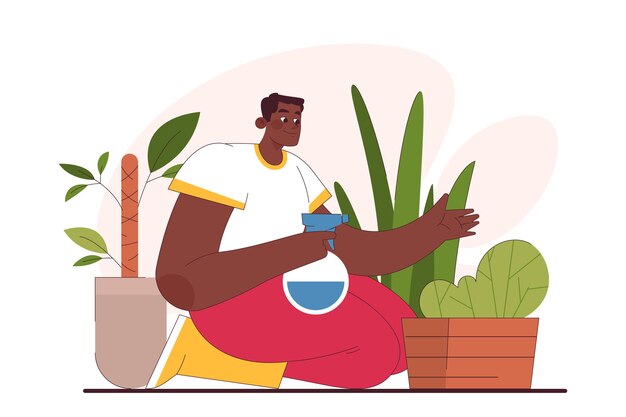 Vector character enjoy gardening man planting and taking care of potted