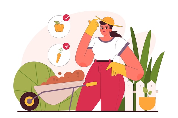 Vector character enjoy gardening woman planting and taking care of garden