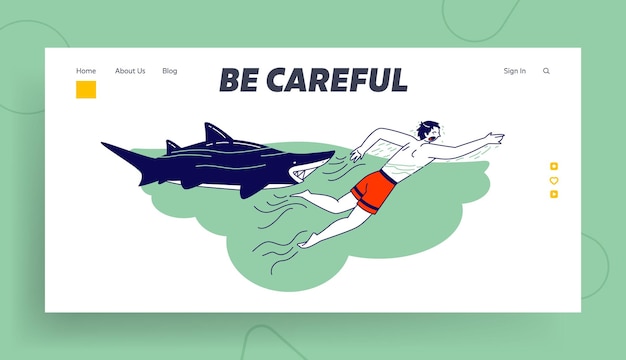 Character Escaping from Shark Landing Page Template. Man Attacked with Water Animal. Danger during Traveling and Recreation, Unexpected Situation in Sea, Wild Beast Attack. Linear Vector Illustration