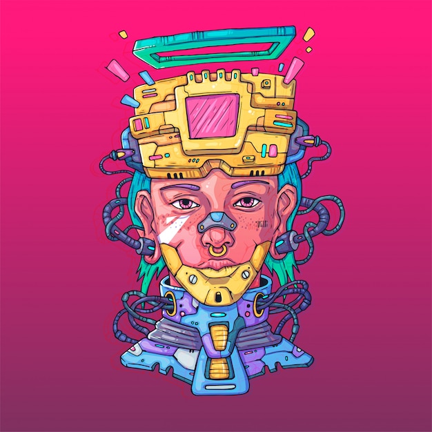 Vector character face in futuristic virtual style. cyber punk  illustration. cartoon art for web and print. trendy cyber art .