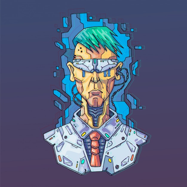 Personaggio in futuristico stile virtuale. illustrazione cyber punk. arte del fumetto per il web e la stampa. trendy cyber art.