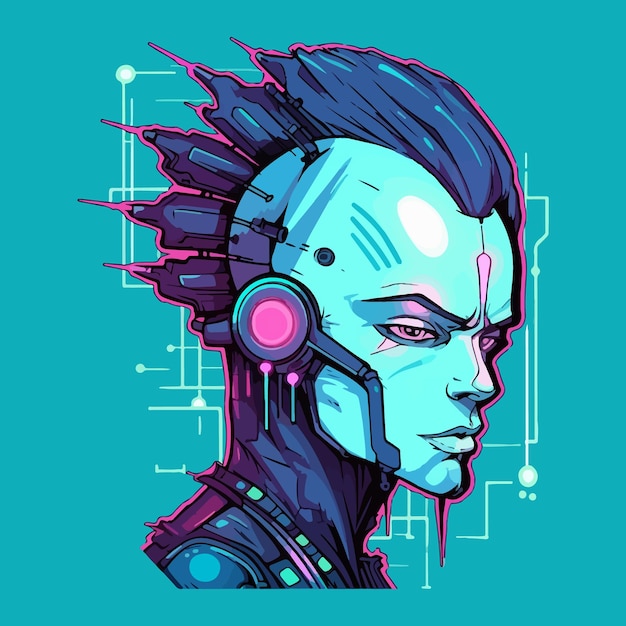 Vector character face in futuristic virtual style cyber punk illustration sticker design