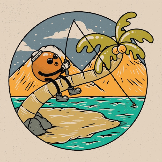 Character fishing sit on coconut tree