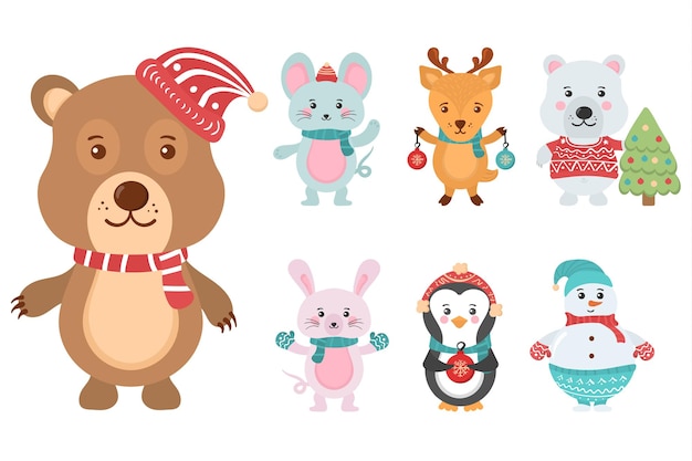 Personaggio in banner design piatto con simpatici animali natalizi pupazzi di neve in maglioni cappelli di babbo natale