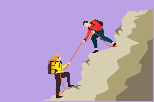 Vector character flat drawing of active man and woman hikers climbing up mountain and one of them helping to each other with rope support in dangerous situation to climb cartoon design vector illustration