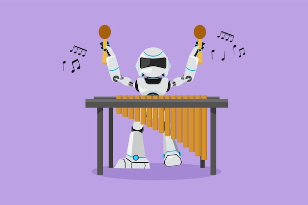 Character flat drawing active robot percussion player play marimba at music folk festival Robotic musician artificial intelligence Electronic technology industry Cartoon design vector illustration