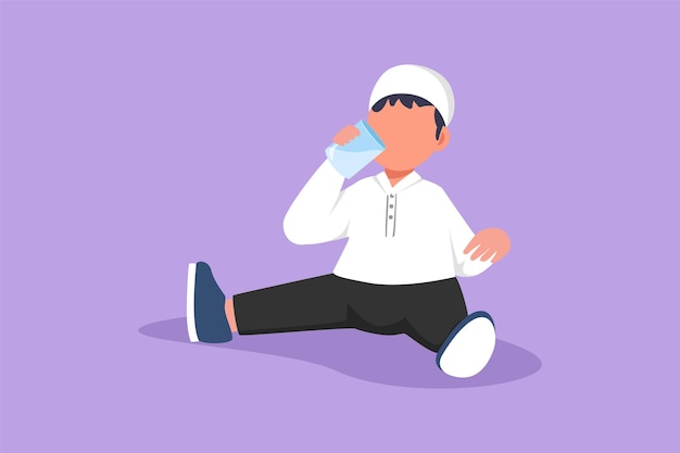 캐릭터 플랫 드로잉 사랑스러운 아랍 소년이 자신의 신체 영양을 충족시키기 위해 신선한 우유 한 잔을 들고 즐기는 동안 앉아 있습니다. 어린이 건강 또는 성장 개념 만화 디자인 벡터 그림