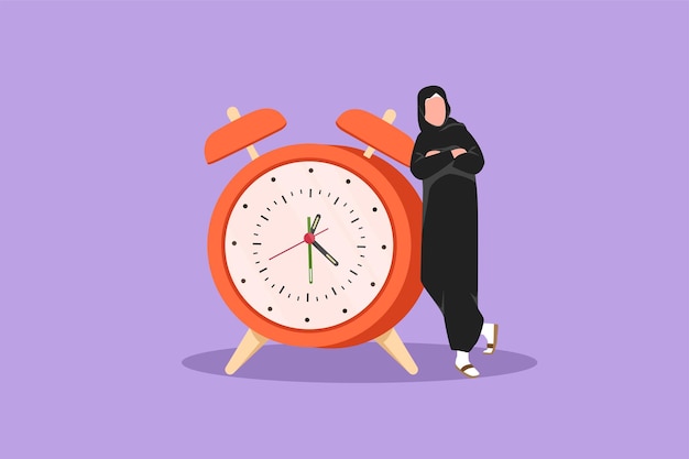 Character flat drawing arab businesswoman manager or employee stand leaning to big clock concept of time management time watch limited offer deadline symbol cartoon design vector illustration