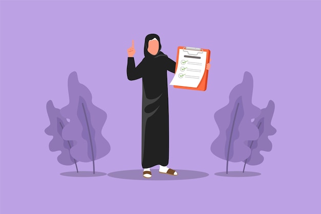 Character flat drawing arab businesswoman standing holding clipboard and pointing index finger up person keeping file pad in hand success business idea concept cartoon design vector illustration