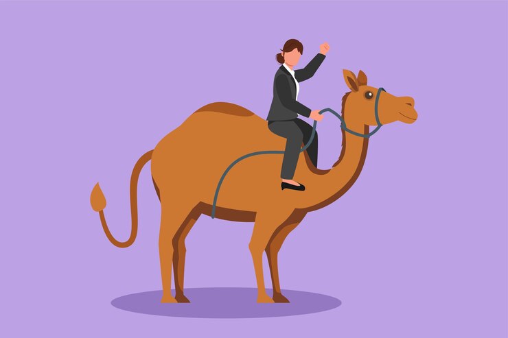 Vector character flat drawing arabian businesswoman riding camel investment bullish stock market trading rising bonds trend metaphor successful business woman trader cartoon design vector illustration