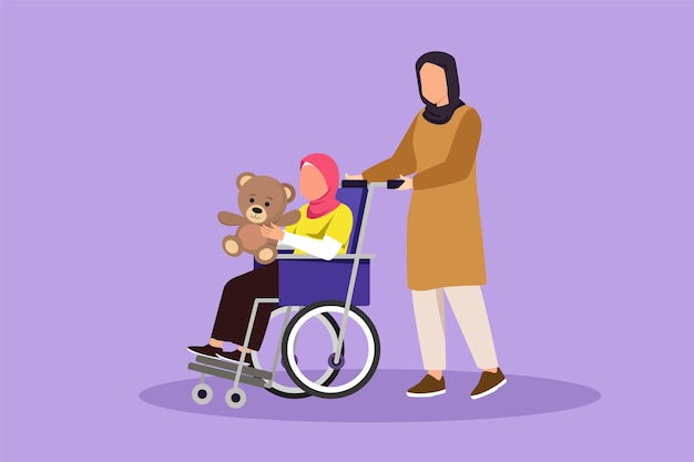 Vettore carattere piatto disegno madre araba con bella figlia disabile in sedia a rotelle è venuta per un esame presso l'ospedale clinico la mamma aiuta il bambino carino con disabilità illustrazione vettoriale del disegno del fumetto