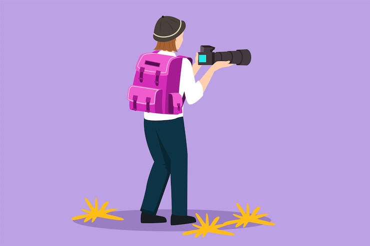 Vector character flat drawing back view of beautiful woman photographer with backpack holding photo camera journalist making nature shooting on mountain female character cartoon design vector illustration