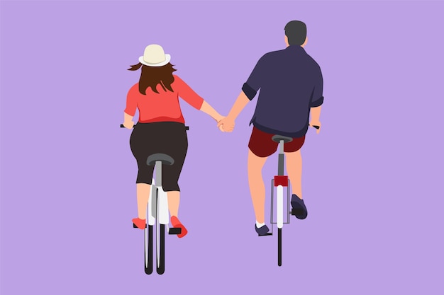 Character flat drawing back view of romantic cycling couple holding hands in afternoon Togetherness husband and wife after wedding Happy man and woman ride bike Cartoon design vector illustration