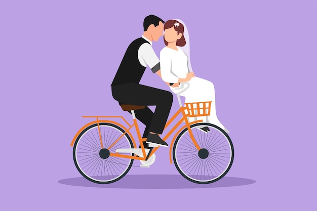 Vettore carattere piatto disegno vista posteriore della coppia sposata romantica che chiacchiera o parla mentre si siede sulla panchina uomo felice con abito e donna con abito da sposa in bicicletta illustrazione vettoriale di disegno del fumetto