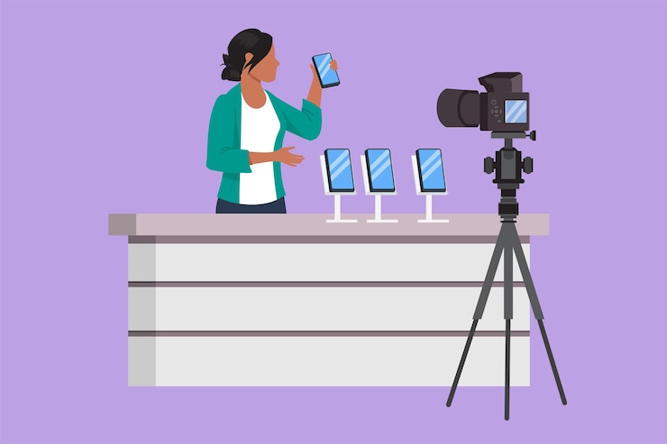 वेक्टर character flat drawing beautiful female influencer filming video review smartphone on dslr camera on table at home blogger advertising tech product streaming live cartoon design vector illustration