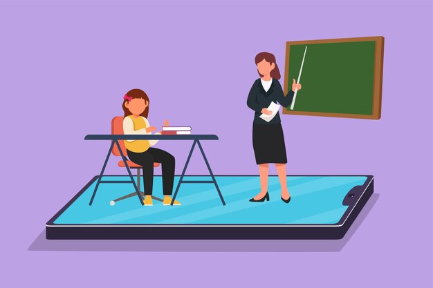 Character flat drawing beautiful female teacher teaching cute little girl junior high school student who sitting on chair near desk and studies on smartphone screen Cartoon design vector illustration