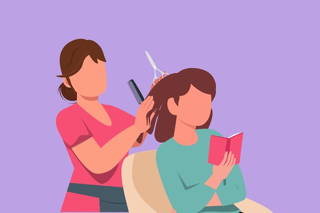 character flat drawing of beautiful woman reading book in barbershop and waiting for result glowing beauty with new hairstyle at salon hair style business concept cartoon design vector illustration