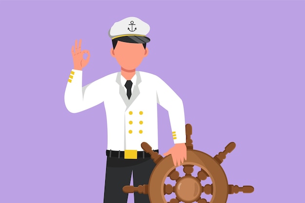 Personaggio piatto disegno coraggioso marinaio uomo con gesto ok pronto a navigare attraverso i mari in nave che è guidata dal capitano marinaio maschio attivo che viaggia attraverso l'oceano cartoon design illustrazione vettoriale