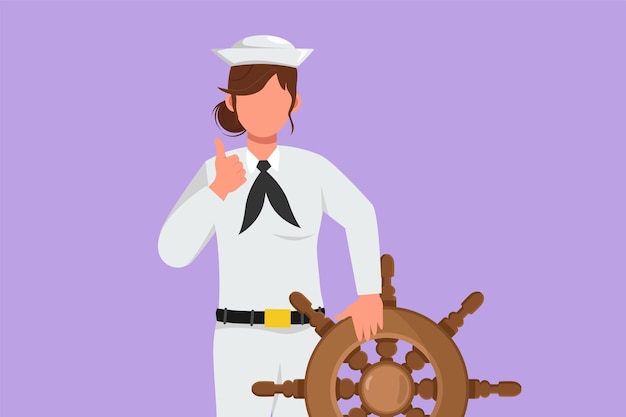 キャプテンが率いる船で海を渡って航海する準備ができているジェスチャーで親指を立てた勇敢な船乗りの女性を描く文字フラット海を渡って旅行する女性の船乗り漫画のデザインのベクトル図