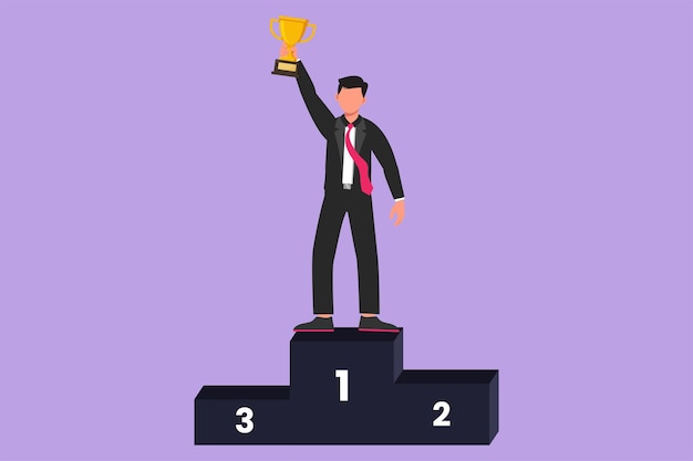 Character flat drawing businessman in formal suit holding golden trophy with one hands on first podium Company performance Win business competition or achievement Cartoon design vector illustration