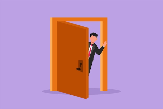 Vector character flat drawing businessman looking from behind open door happy man peeking of door and wave hands cheerful male standing in doorway waiting guest to come cartoon design vector illustration