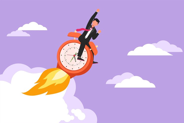 वेक्टर character flat drawing of businessman riding alarm clock rocket ship with fire clouds time watch limited offer deadline symbol time to work countdown shuttle cartoon design vector illustration