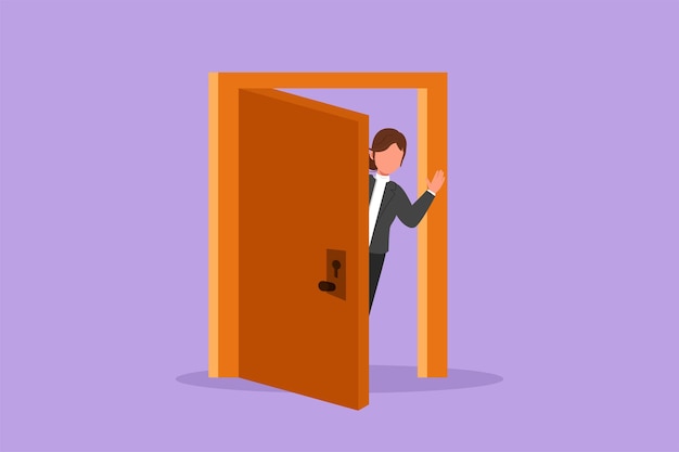 Character flat drawing businesswoman looking from behind open door Woman peeking of door and wave hands Cheerful female standing in doorway Waiting guest to come Cartoon design vector illustration