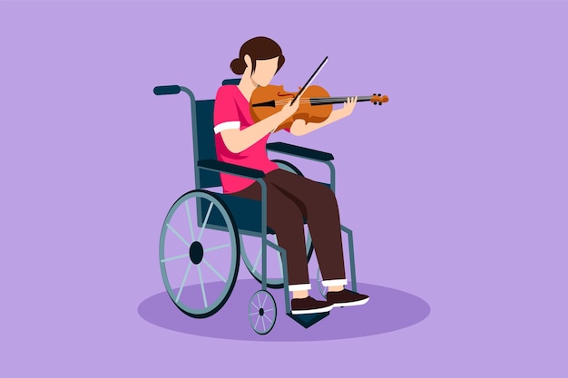 Vector character flat drawing of disability and music woman in wheelchair plays violin physically disabled broken leg person in hospital rehabilitation center patient cartoon design vector illustration