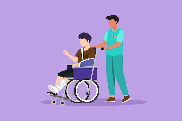 Character flat drawing disabled little boy with broken hand, leg riding wheelchair with nurse assistance. Kids patient in traumatology hospital. Disability concept. Cartoon design vector illustration
