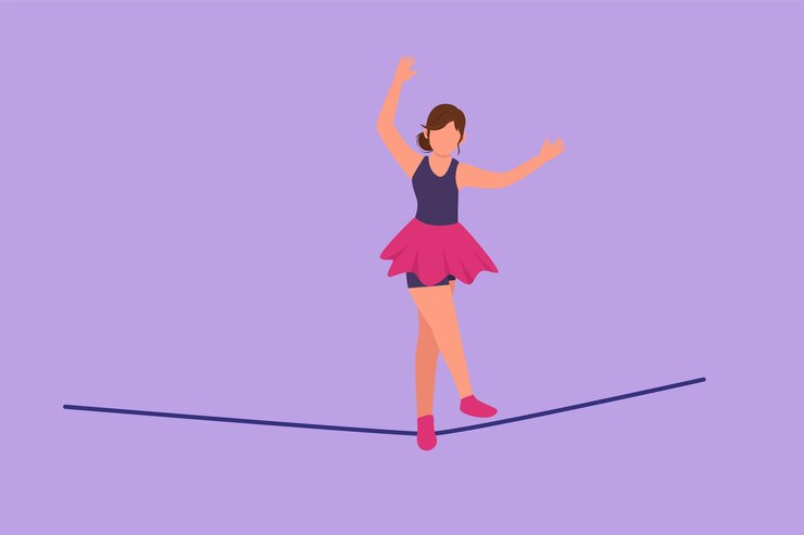 Vector character flat drawing female acrobat walking on rope while dancing and raising her hand attraction requires courage and agility circus show event entertainment cartoon design vector illustration