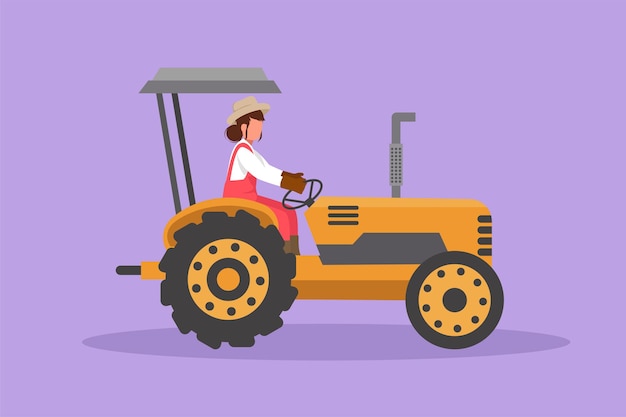 Character flat drawing female farmer drive tractor to plow the field Start new planting period Successful farming challenge at countryside Organic natural crop Cartoon design vector illustration