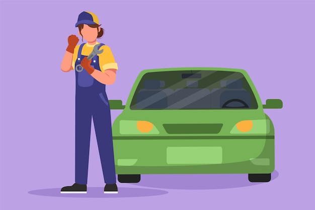 Персонаж плоский рисунок женщина-механик, стоящая перед автомобилем с праздничным жестом и держащая гаечный ключ для выполнения технического обслуживания двигателя автомобиля или транспорта, векторная иллюстрация дизайна мультфильма