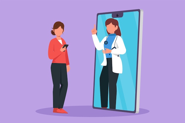 Персонаж плоский рисунок женщина-пациентка, держащая смартфон, стоящая лицом к гигантскому смартфону и консультирующаяся с женщиной-врачом Доктор онлайн или концепция цифрового здравоохранения Карикатурный дизайн векторная иллюстрация