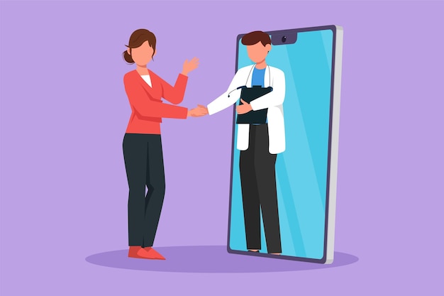 Character flat drawing female patient standing and shaking hand with male doctor coming out of smartphone and holding clipboard Online medical consultation concept Cartoon design vector illustration