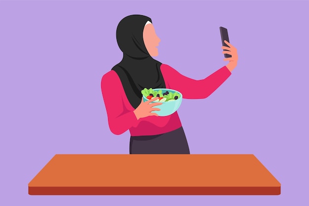 Vettore personaggio piatto disegno femminile che prende selfie o effettua videochiamate utilizzando lo smartphone mentre prepara insalata fresca donna araba che cucina cibo sano o pasto nutrizionale cartoon design vector illustration