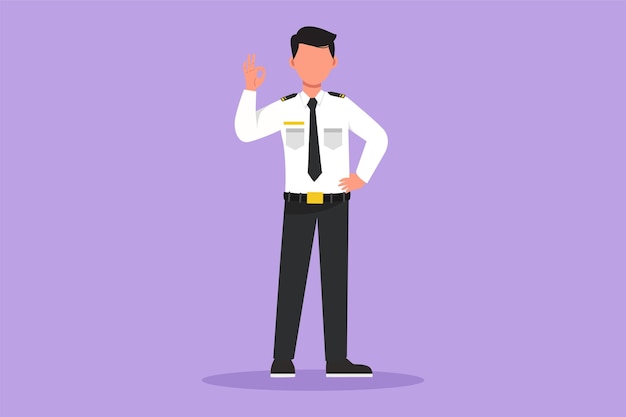 Character flat drawing of flight attendant or steward standing in uniform with okay gesture prepare at airport for flying and serve passengers to their destination Cartoon design vector illustration